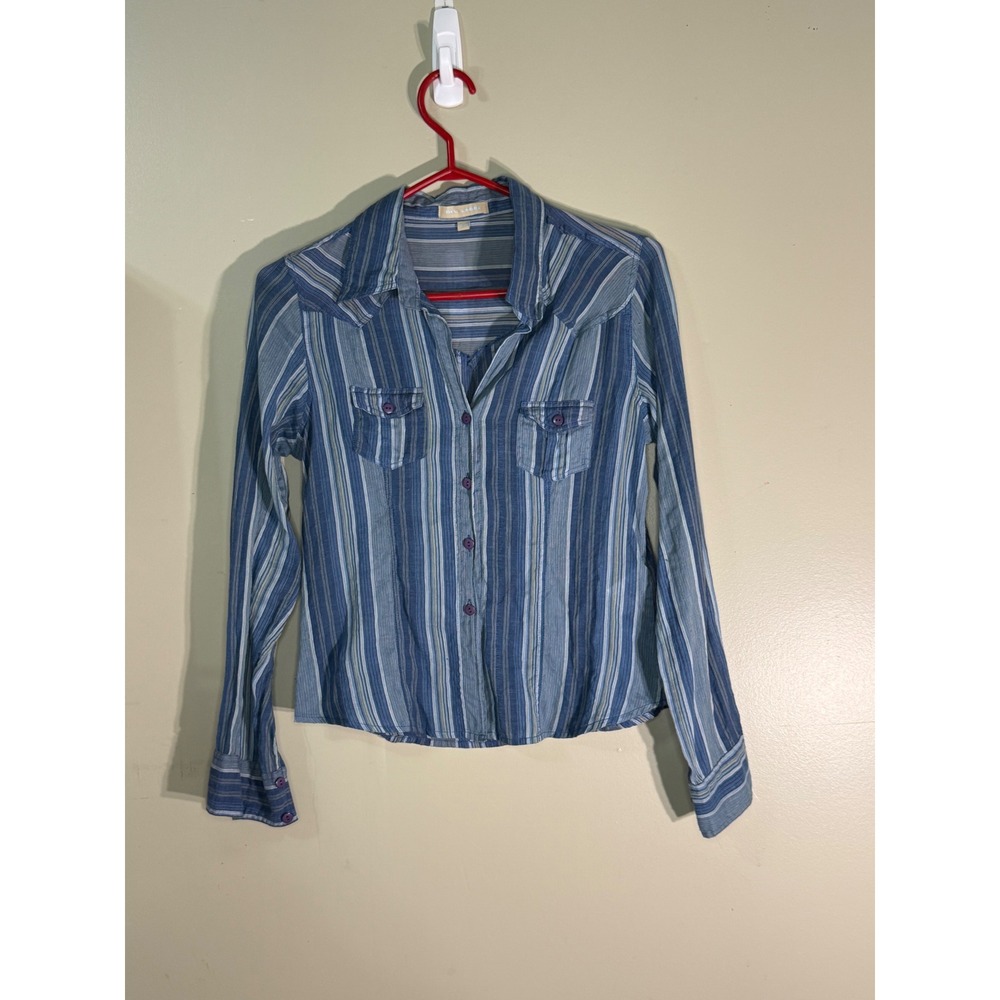 Blu Label Blue Striped Cotton Button Down Western Shirt Long Sleeve Womens Med